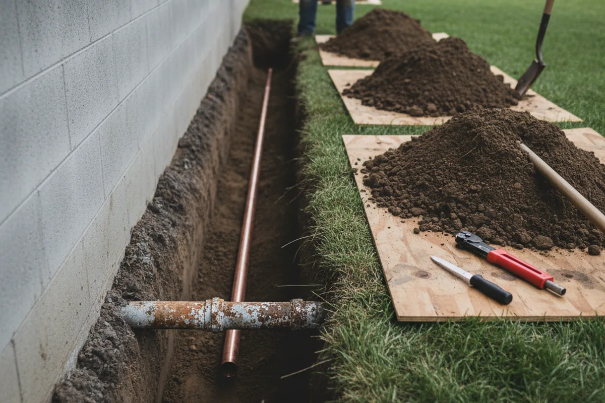 Excavated water line trench during Water Heater Repair in Hillsdale
